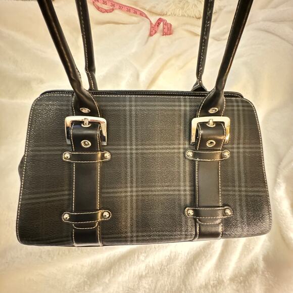 Tartan Plaid Bowler Bag Faux Leather Buckle Shoulder Bag - Picture 10 of 13